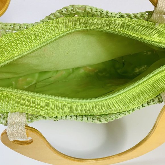 Summer Beach Cottage Straw Button Handbag Flower Lime Pink Wood Handles Purse - Picture 8 of 13